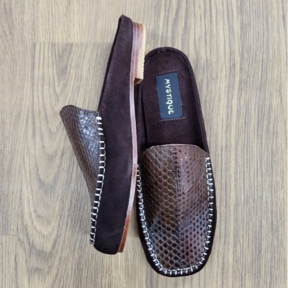 Mystique Boutique Leather Mules Loafers Slip On Snakeskin Brown Burgundy Sz 7
